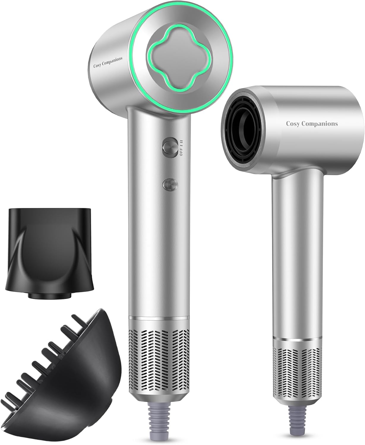 Hair Dryer - 150000 RPM High-Speed Brushless Motor Negative Ionic Blow Dryer for Fast Drying, Low Noise Thermo-Control Hair Dryer with Diffuser and Nozzle, Silvery