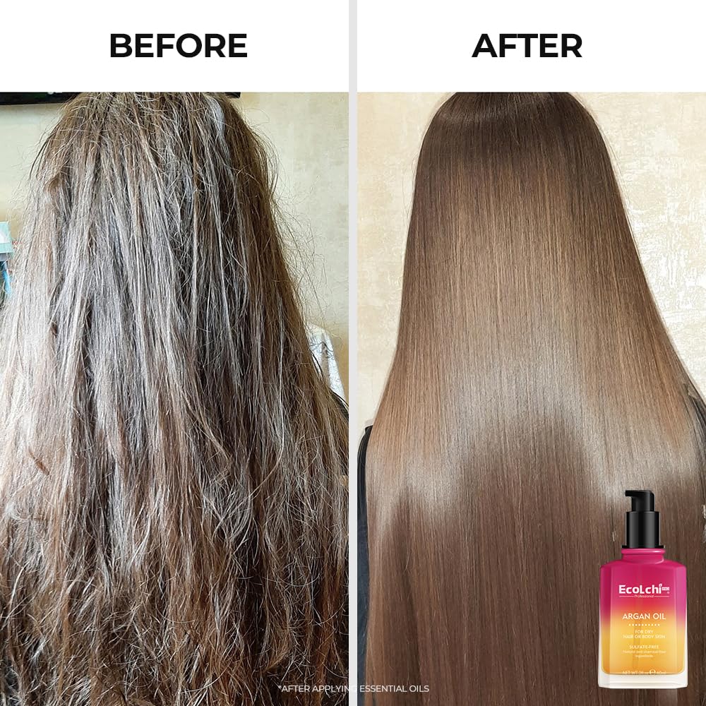 Ecolchi Argan Hair Oil Hair Serum Cold Pressed Weightless Vitamin E Argan Oil Hair Treatment for Dry Damaged Hair Body Skin 60ml