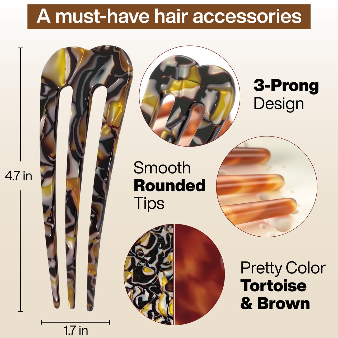 Large French Hair Pins for Women, 3-Prong French Pins for Thick Hair, U Shaped Hair Forks, French Twist Hair Pin Clips, Updo Hair Sticks for Buns, 2 Pcs (Tortoise, Brown)