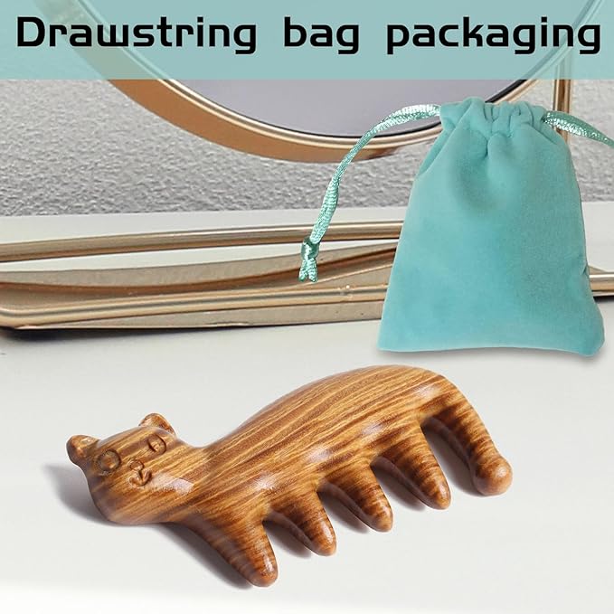 Natural Wood Wide Tooth Hair Comb Head Scalp Massage No Static Green Sandalwood Hair Pick Wooden Comb for Women Men Kids Hair Neck Hands Legs Caring Tool (Cute Cat)