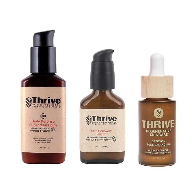 Thrive SPF30 Protect, Restore & Tone Superplant Skin Care Set - Gift Set with Mineral SPF30 Sunscreen, Recovery Serum, Spot On Serum - Vegan, Made in USA
