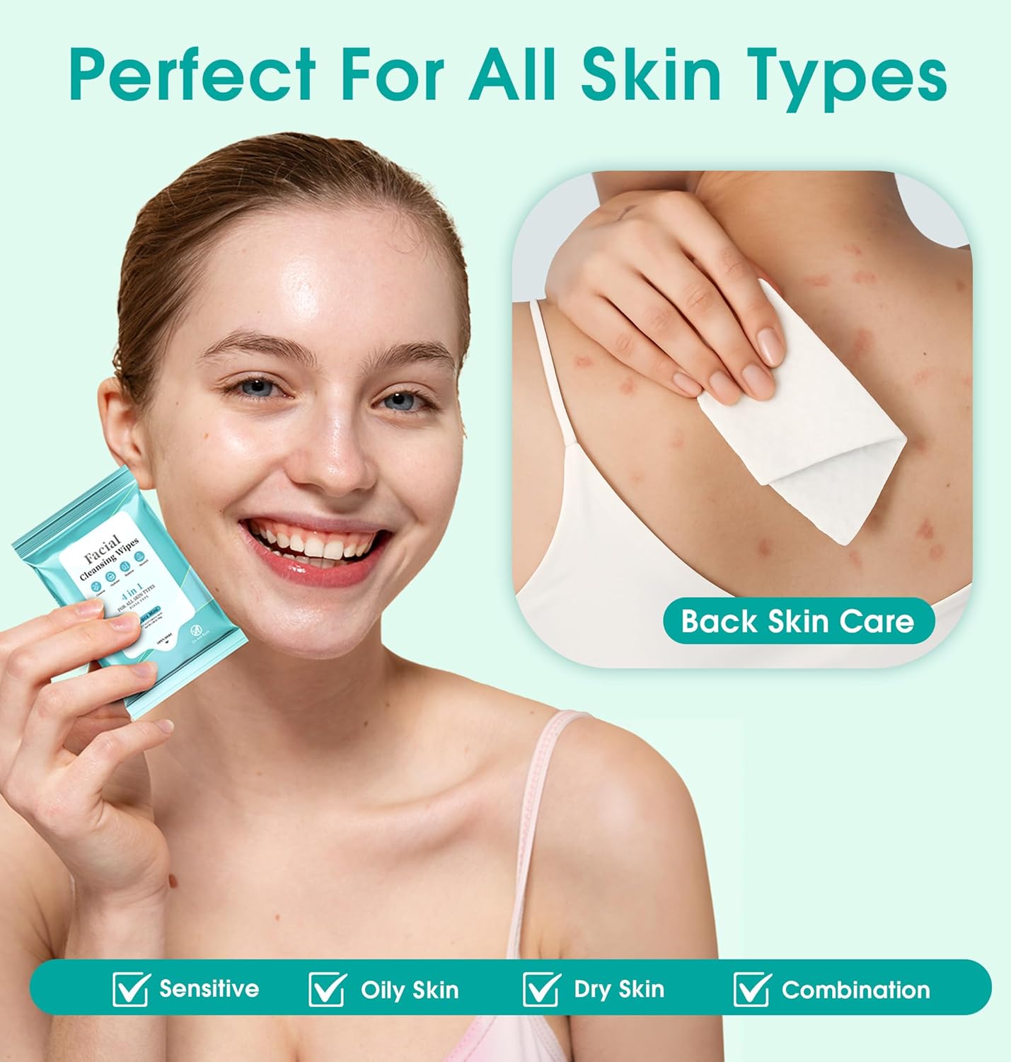 Facial Cleansing Wipes, Tea Tree Oil Extract for Face Cleansing, Salicylic Acid for Acne Treatment, Hydrating Pore Care for Sensitive Skin, Exfoliating & Soothing Double-Sided Cleansing Wipes (56PCS)