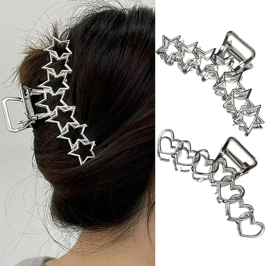 AIUPUOC Star Hair Clips Silver Heart Hair Claw Clips Accessories for Women for Thick Hair Non-slip Korean Crab Clamp Headwear Fashion Hair Accessories Holiday Party Decorations 2Pcs