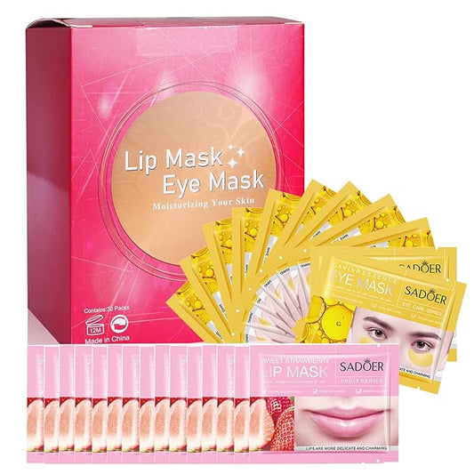 MEICOLY 30 Pads Lip and Eye Mask Sheet,Moisturizing Gold Caviar Under Eye Mask Strawberry Lip Mask,Crystal Anti-Aging Eye Patches Dark Circle Remover with Box,Eye and Lip Mask Set