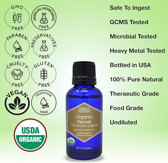 Organic, Fennel Essential Oil, Food Grade – 100% Pure, Fennel Oil, by Zongle Therapeutics, 1 OZ