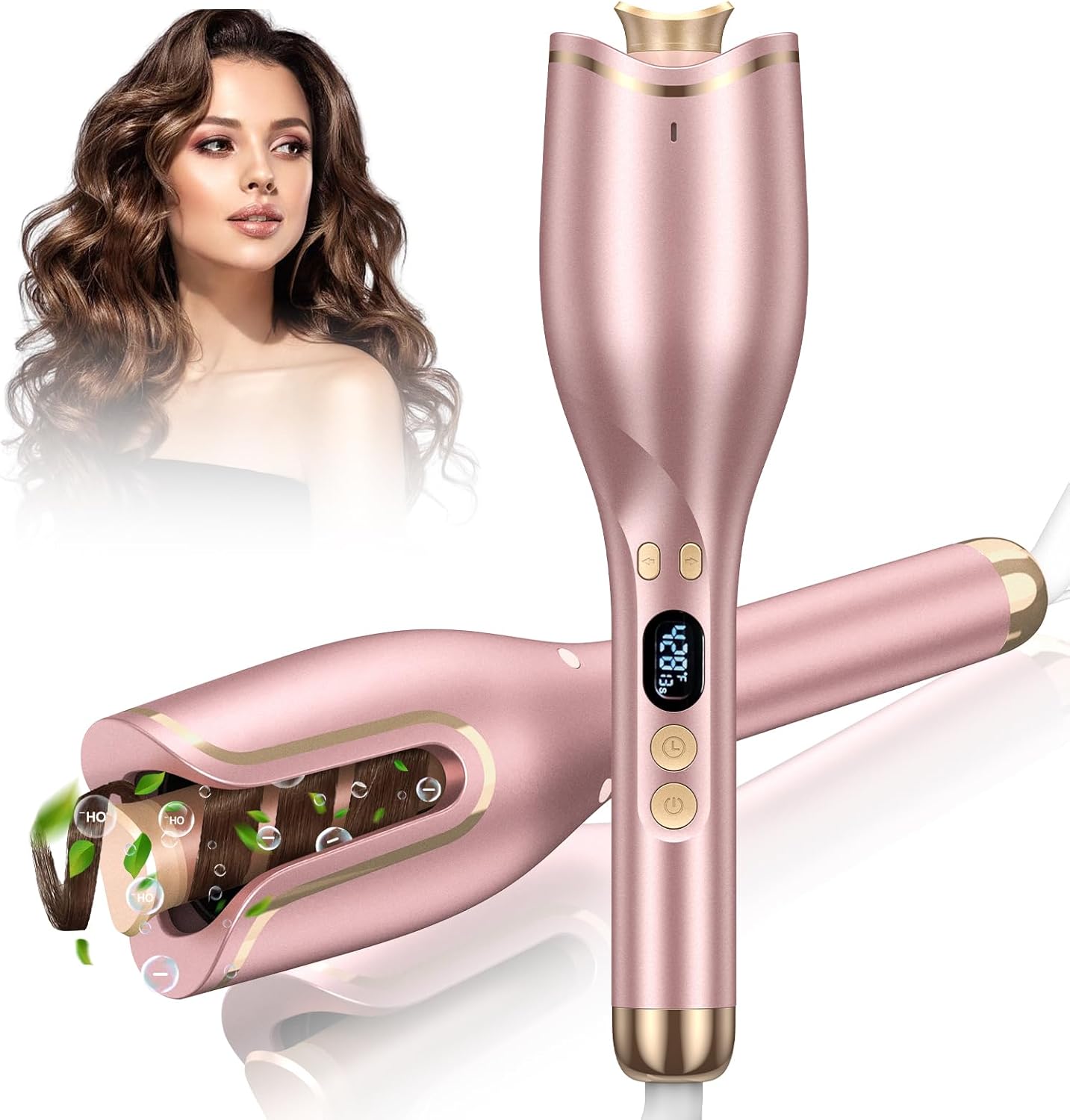 Automatic Curling Iron, Hair Curler 1" Large Slot, 4 Temperature Settings, 12s-19s Timers, Dual Voltage, Anti-Scald, Anti-Tangle, Auto Shut-Off, LCD Display, Fast Heating Easy for Use, Pink