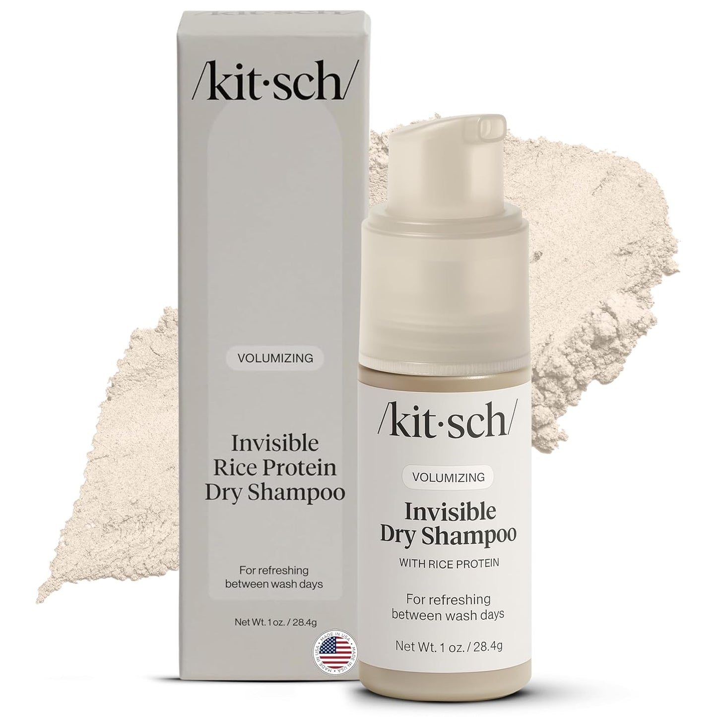 Kitsch Volumizing Rice Protein Dry Shampoo Powder - Dry Shampoo for Women & Men, No White Cast, Absorbs Oil, Non-Greasy, For Light-to-medium Hair Colors, Travel Size in Pump Form - Invisible 1oz