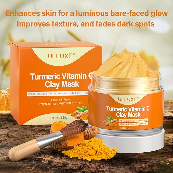Turmeric Vitamin C Clay Mask for Dark Spots, Dull Skin, Blackheads, Skincare Facial Mask for Cleansing Pores, Moisturizing and Improve Uneven Skin Tone, Face Skincare Gift, 5.29 oz