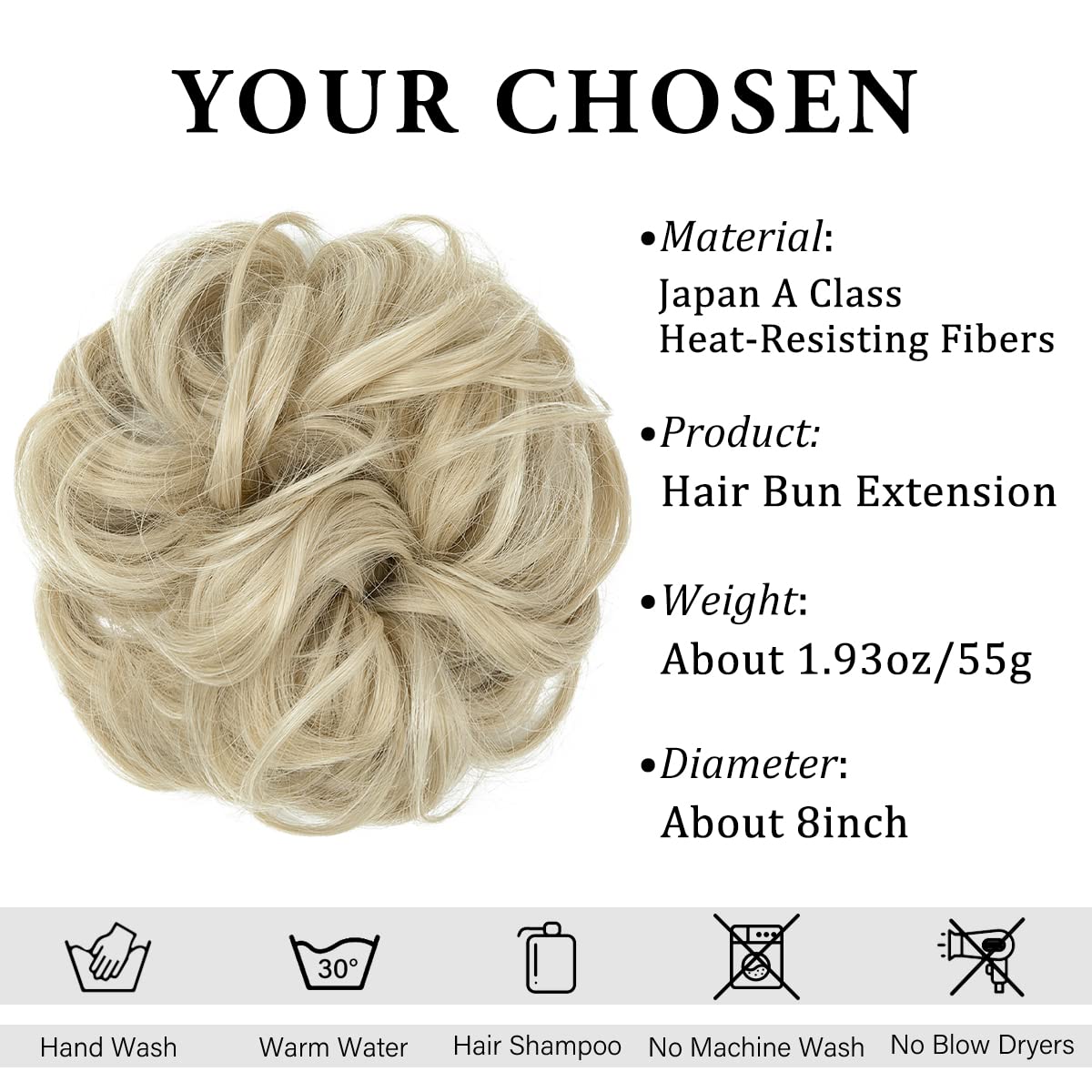 CJL HAIR Large Messy Bun Hair Piece Wavy Curly Scrunchies Synthetic Chignon Ponytail Hair Extensions Thick Updo Hairpieces for Women Ash Blonde