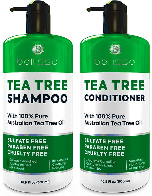 Tea Tree Shampoo and Conditioner Set – with 100% Pure Australian Tea Tree Oil - Anti Dandruff Sulfate and Paraben Free - Dry Scalp Treatment with Keratin, Vitamin B5, Collagen for Women and Men