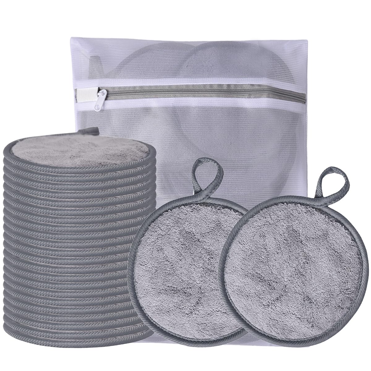 Large Reusable Makeup Remover Pads for Face, Soft Microfiber Makeup Remover Cloths Washable, Premiun 5 INCH Face Cleaning Pad with Laundry Bag, 24 Pack Grey