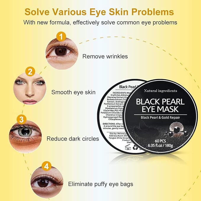 Under Eye Patches, Eye Mask Black Pearl, Puffy Eyes Dark Circles Brighten Treatments, 60PCS Collagen Under Gel Pad for Lighten Wrinkles Anti-Aging, Fine Lines Eye Bags Women Men