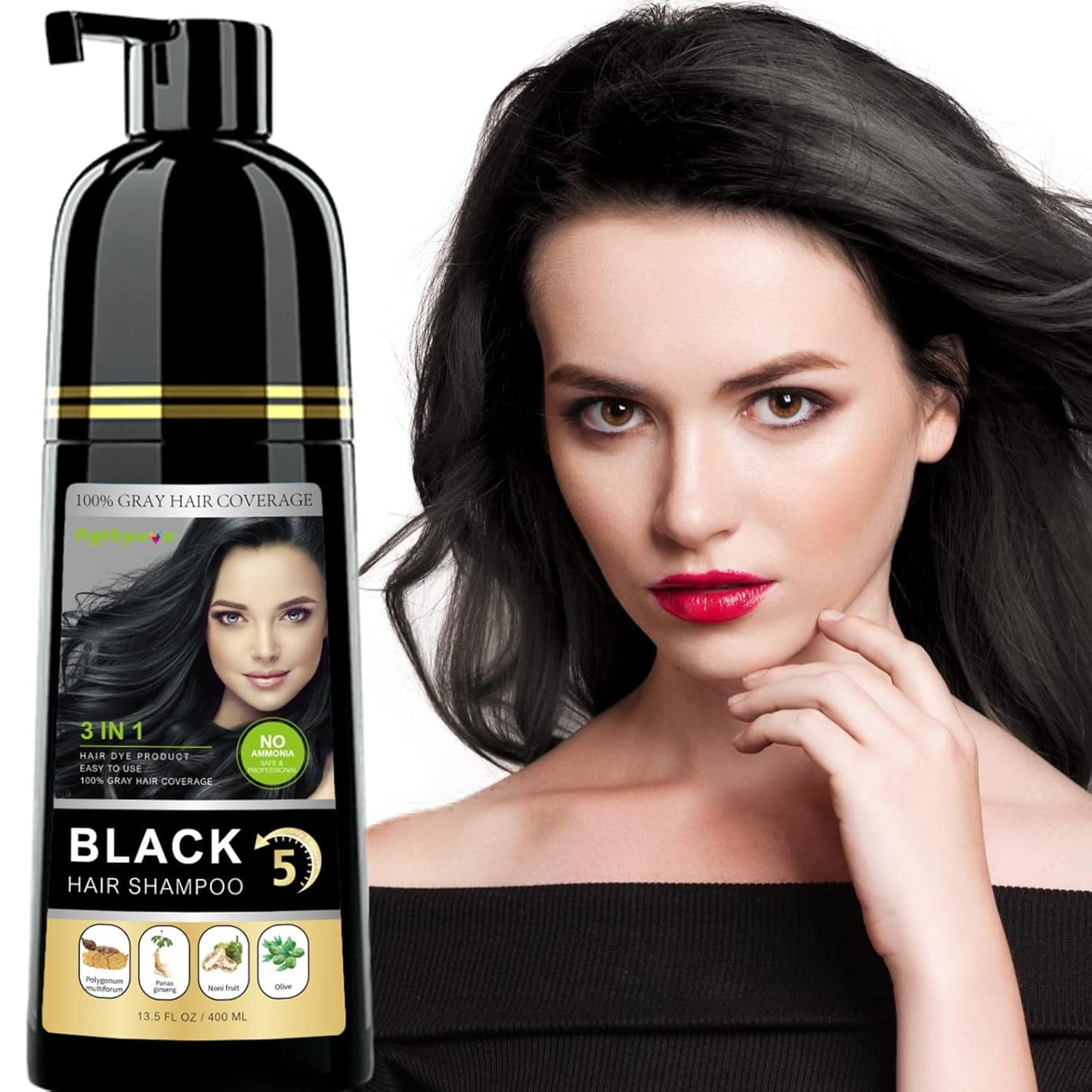 Instant Black Hair Shampoo, 3 in 1 Natural Hair Dye Shampoo with Herbs, Cover Greys Hair for Men & Women, Permanent Hair Color - Ammonia Free 400ml (Black)