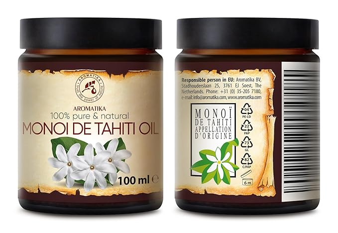 AROMATIKA Monoi de Tahiti Carrier Oil 3.4 Fl Oz - Pure Cold Pressed Monoi Base Oil - Cocos Nucifera - Gardenia Tahitensis - Unrefined Carrier Oil for Essential Oils - Face & Body Care - Massage