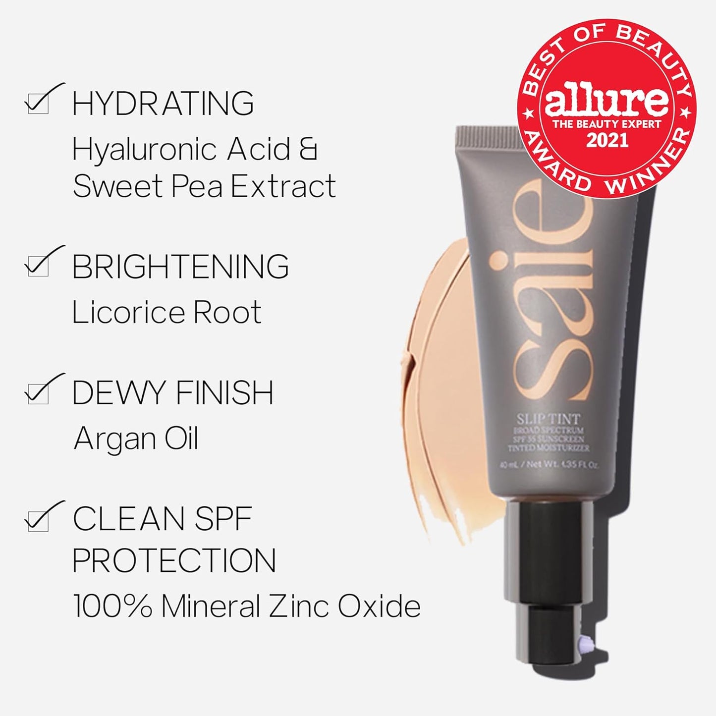 Saie Slip Tint Tinted Moisturizer with SPF 35 - Light Coverage, Glowy Skin Tint & Mineral Sunscreen for Face with Hydrating Hyaluronic Acid - Summer Makeup Essential - Shade Seven (1.35 oz)