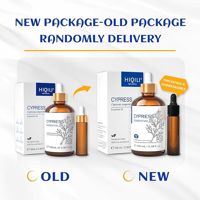 HIQILI 100ML Cypress Essential Oil, 100% Natural for Diffuser, Skin Care, Includes 10ML Travel Bottle - 3.38 Fl Oz