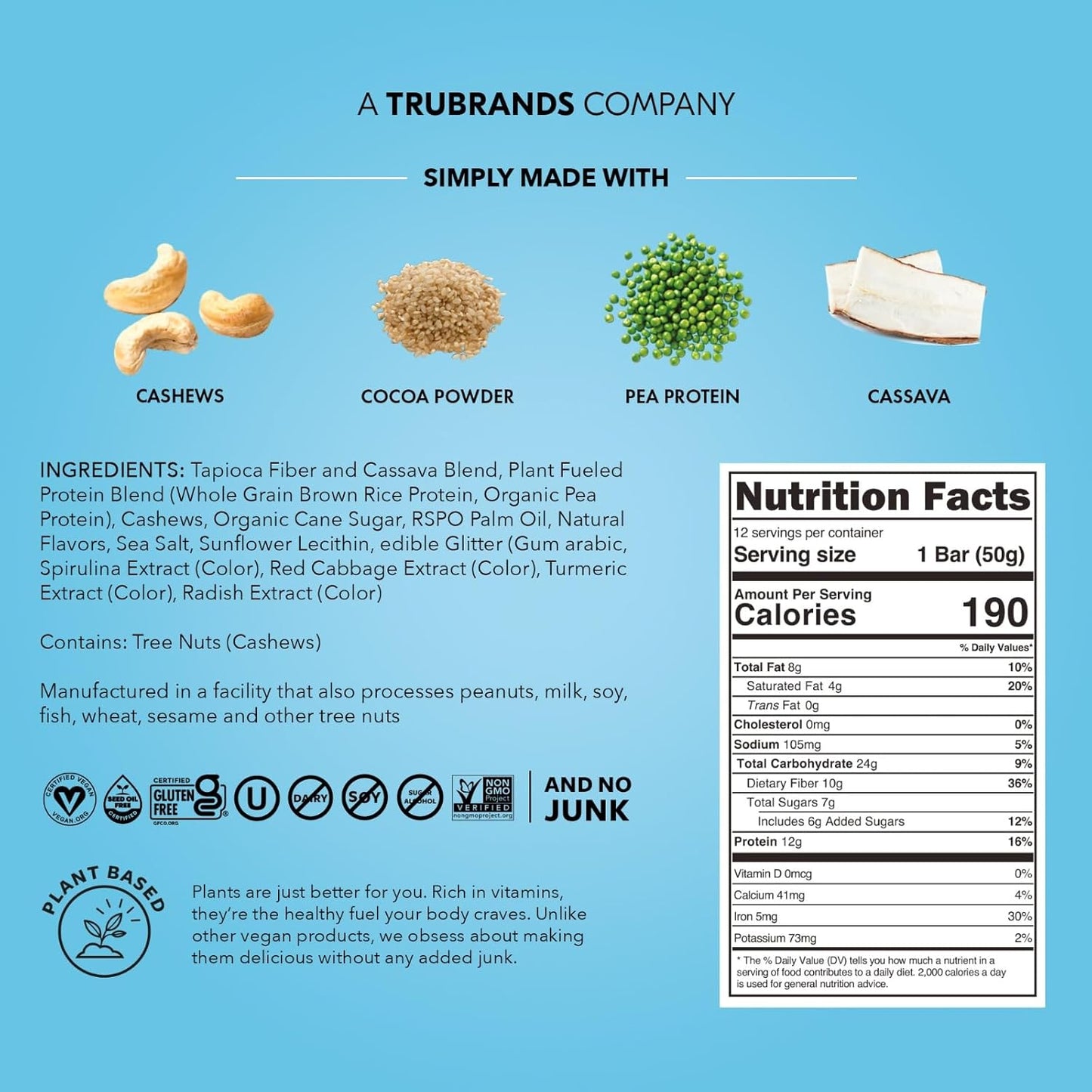 TRUBAR Vegan Protein Bar, Shake it Bake it Birthday Cake it, Gluten Free, Plant Based Protein, Dairy Free, Non GMO, Soy Free, No Sugar Alcohols, 12G Protein, 12G Fiber, 23G Carb, On the Go Snack Bars, 12 ct