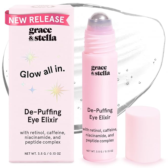 grace & stella Under Eye Brightener Roller - Travel Essentials - Retinol & Caffeine Eye Serum for Puffiness, Dark Circles, Wrinkles - Hydrating & Smoothing - Vegan Skincare (15ml / 0.51 fl oz)