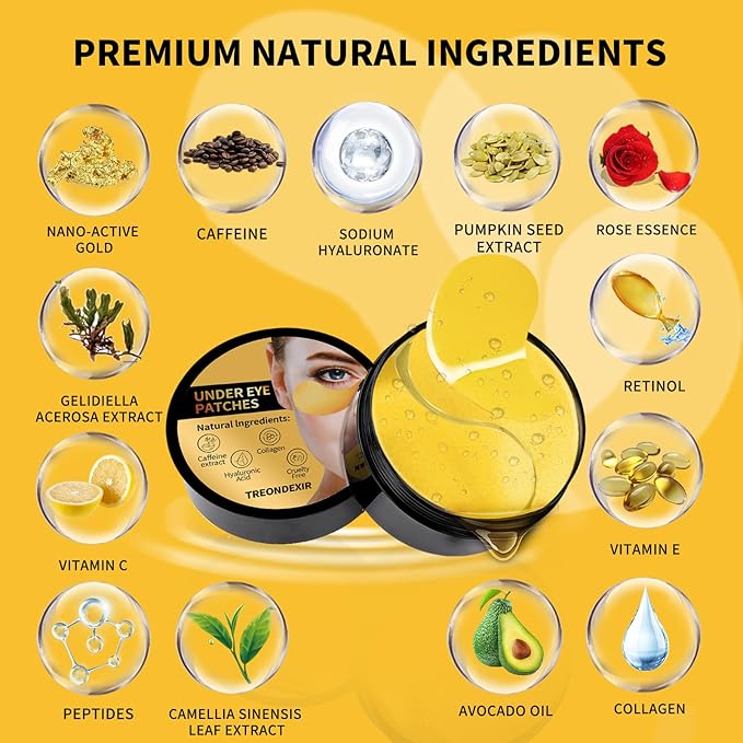 24K Gold Eye Masks for Dark Circles and Puffiness 70PCS, Under Eye Patches Gel Pads for Puffy Eyes Treatment w/Collagen, Caffeine, Peptides for Eye Bags Treatment, Gel Eye Mask Skincare