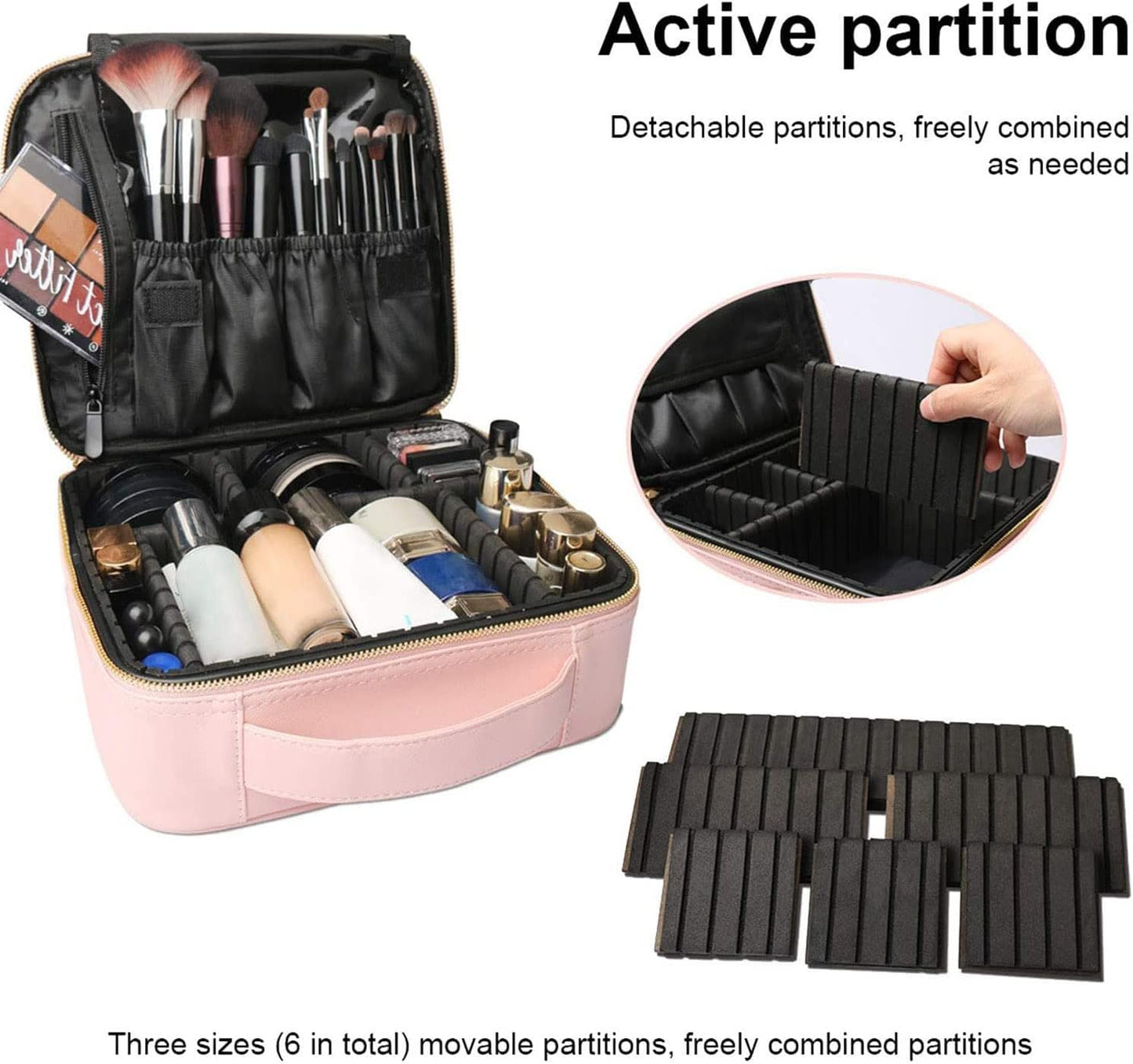 Travel Makeup Case, PU Leather Portable Organizer Makeup Train Case Makeup Bag Cosmetic Case with Adjustable Dividers for Cosmetics Makeup Brushes Women (Pink)