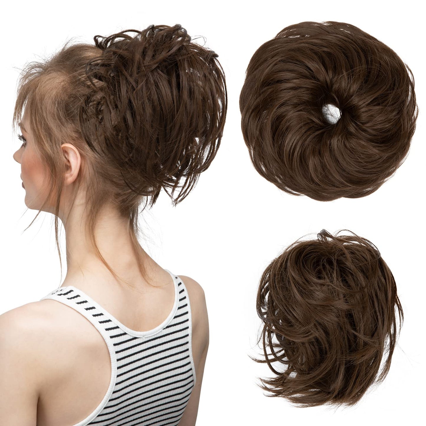 CJL HAIR Large Messy Bun Hair Piece Wavy Curly Scrunchies Synthetic Chignon Ponytail Hair Extensions Thick Updo Hairpieces for Women Medium Ash Brown