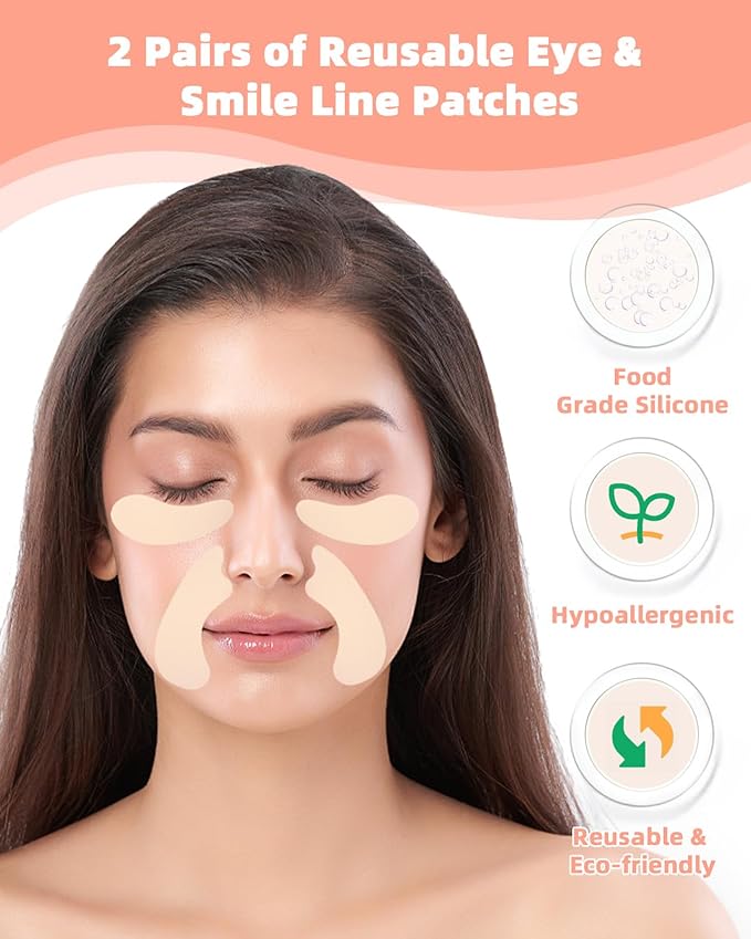 Reusable Eye and Smile Line Patches - 2 Pairs Silicone Under Eye Patches and Nasolabial Folds Patches, Reusable Eye Mask, Silicone Wrinkle Patches for Eye Lines & Smile Lines Treatment, No Adhesive
