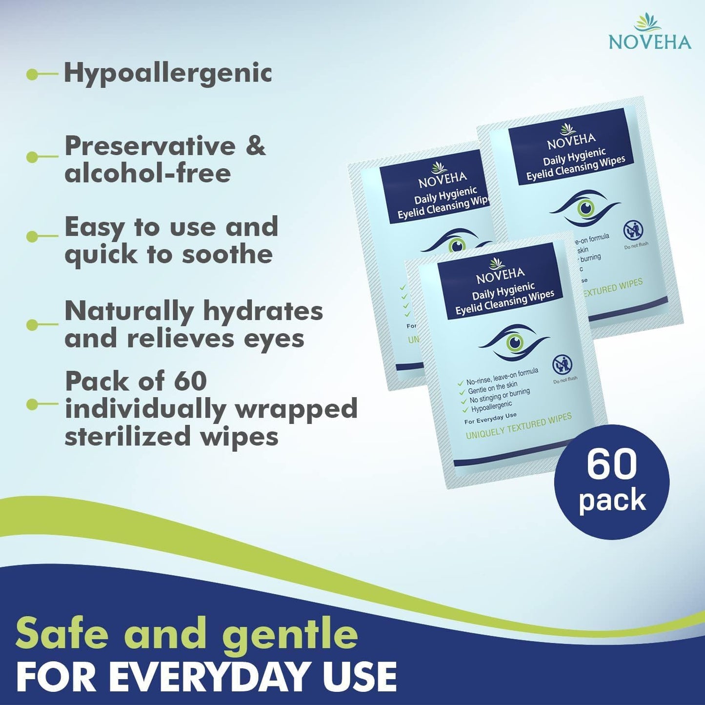 NOVEHA 180Pcs Daily Hygienic Eyelid & Lash Wipes | 120 Individually Wrapped Cleansing Eyelash Wipes - For Blepharitis & Itchy Eyes, Demodex and Natural Makeup Remover & Daily Cleanser (3 Pack)