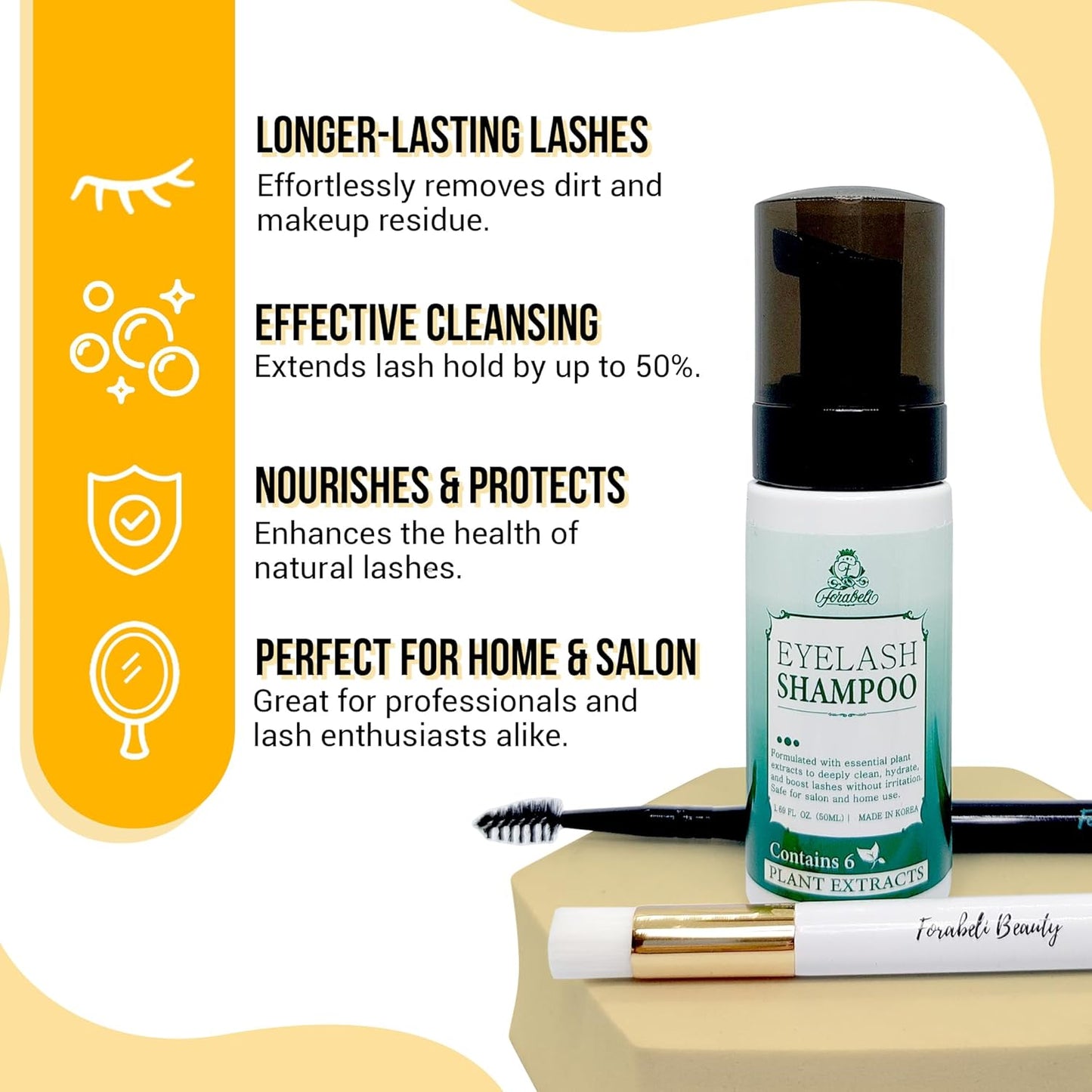 Forabeli Lash Shampoo 50ml with Brush and Wand - Eyelash Extension Cleanser, Eyelid Foaming Wash, Gentle Foam, Remove Oils and Makeup