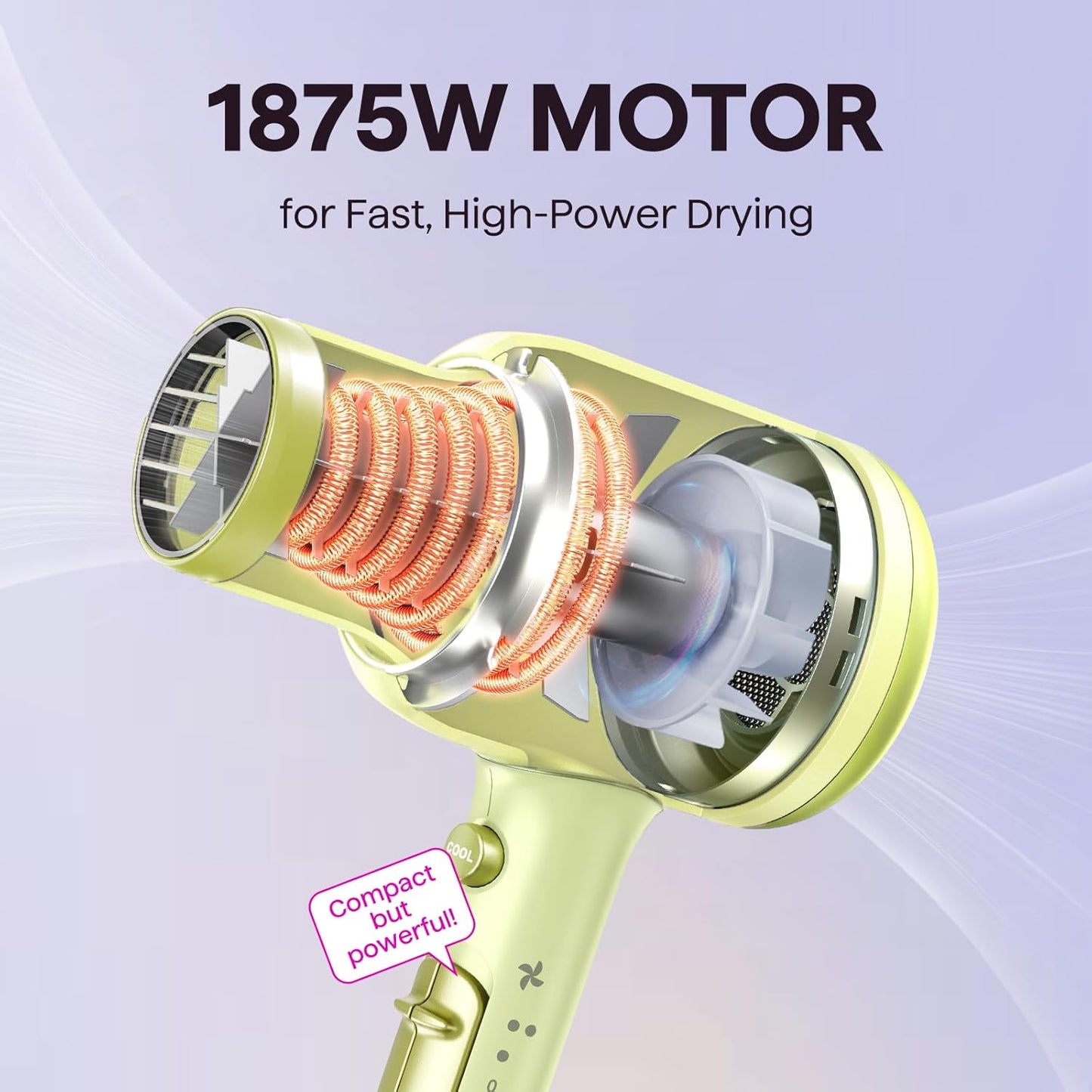 Wavytalk Hair Dryer with Diffuser, Blown Away Ionic Hair Dryer for Curly Hair with Comb, 1875W Fast Drying Blow Dryer with Ceramic Technology, 3 Attachments for All Hair Types, Light and Quiet, Green