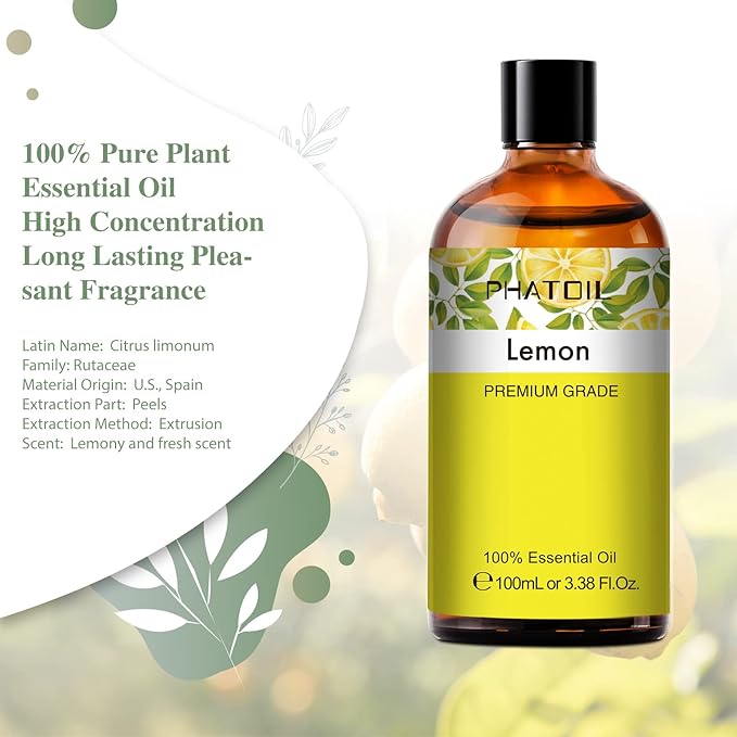 3.38FL.Oz Lemon Essential Oil, for Aromatherapy Diffusers, Humidifiers, Great for DIY Candle and Soap Making, Gift for Friend