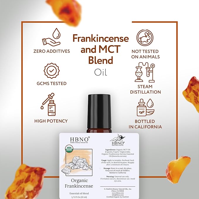HBNO Organic Frankincense Essential Oil Roll-On - 1/3 oz (10 ml) Travel Size - USDA Certified Organic Frankincense and Mct Oils - Perfect for Traveling, Aromatherapy, Massage, perfumes, moisturizer.