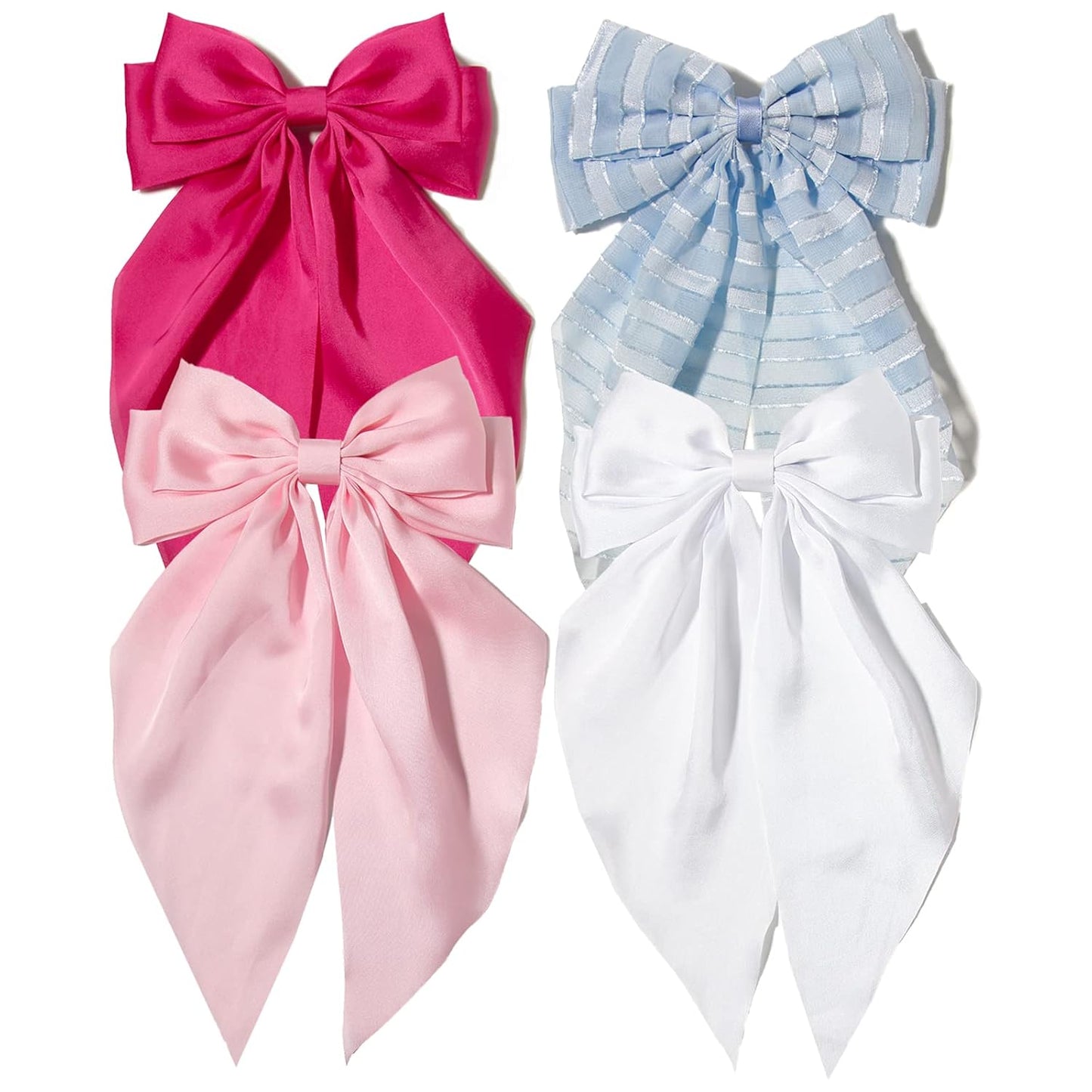 Furling Pompoms 4pcs Hair Bows for Women, Satin Hair Bows Long-Tail Alligator Clips Big Hair Accessories Pink Hot Pink White Blue Hairbow