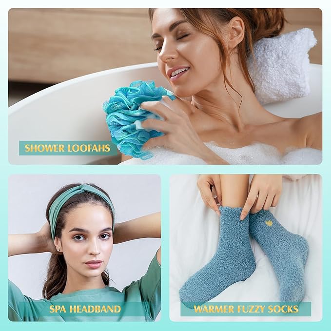 Birthday Gifts for Women, Thinking of You Gift Care Package with Luxury Flannel Blanket for Women Mom Her Wife Friends Sister, Blue Self Care Spa Relaxing Baskets for Christmas Valentines Mothers Day