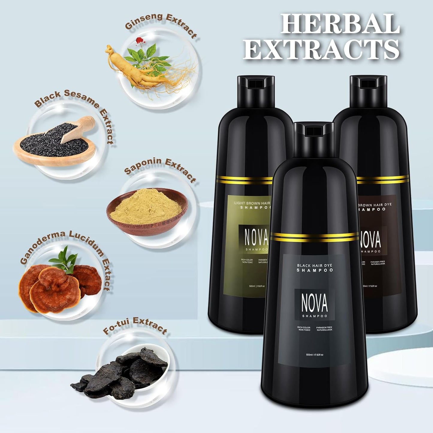 Hair Dye Shampoo & Champu Para Canas - Natural 3-in-1 Instant Gray Coverage for Men & Women (Black-500ml)