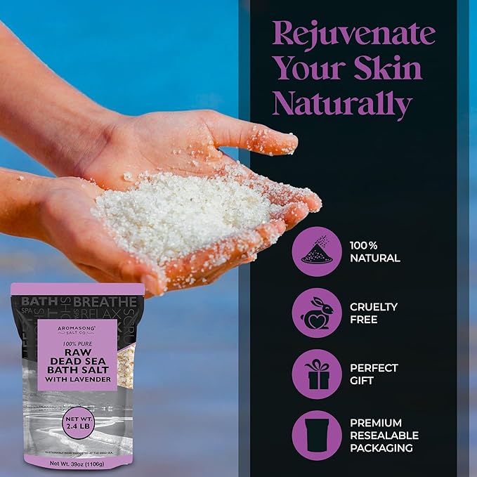 Aromasong RAW Dead Sea Salt with 100% Natural Lavender, 2.43 Lb, Not Cleaned, Still Contains All Dead Sea Minerals Including Dead Sea Mud, Fine Medium Grain Resealable Bulk Pack. (Packaging May Vary)