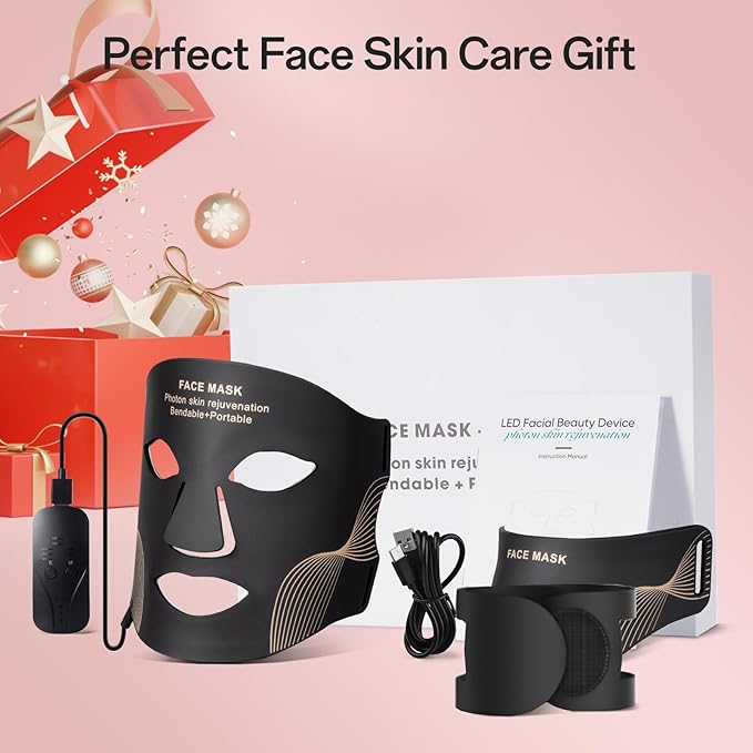 Red Light Mask for Face and Neck - Facial Skin Care Device, Portable, Lightweight, Rechargeable and Ergonomic Design for Home (Black)