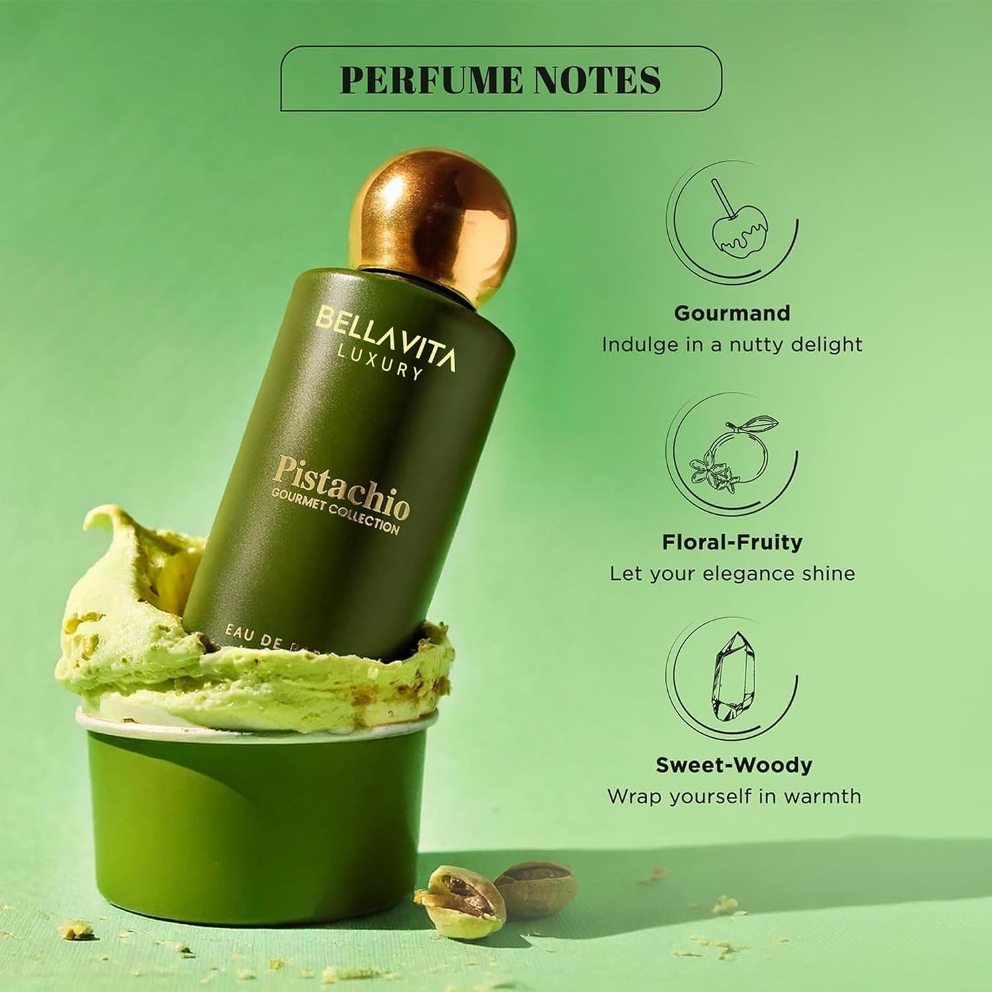 BELLAVITA Gourmet Collection Pistachio Edp Fruity, Floral, Sweet Woody Long Lasting Fragrance Perfume For Men And Women 100ml