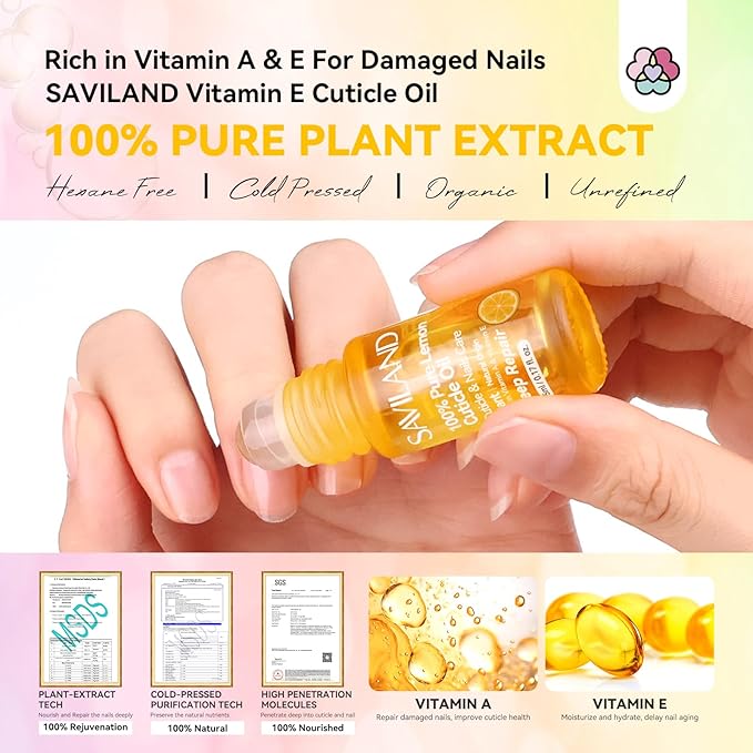 SAVILAND Vitamin E Cuticle Oil Roller: 7PCS Revitalizing Cuticle Oil for Nails 100% Natural Nails Growth Oil Effective Nail Strengthener for Damaged Nails Repair Moisturizing Care Home Travel Sized