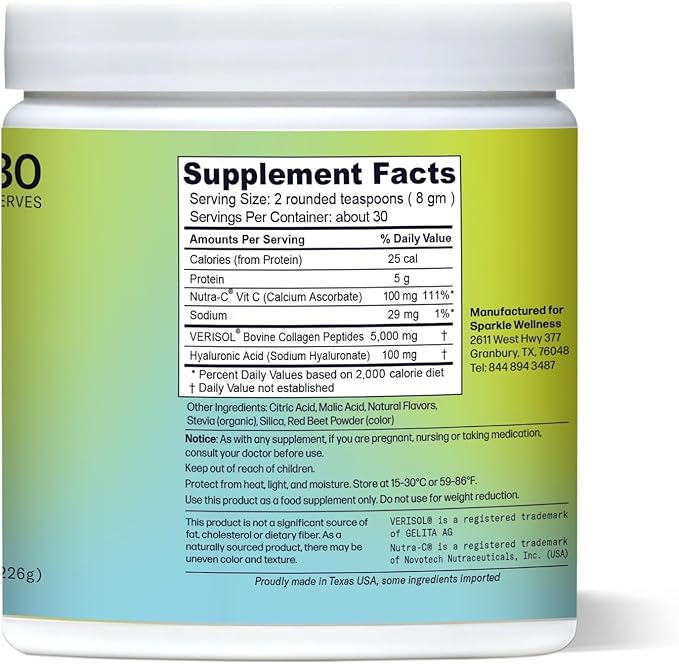 Sparkle Wellness Skin Boost Plus (Acai Lemonade) [30-Serves] | Collagen Powder Supplement with VERISOL Bioactive Hydrolyzed Collagen Peptides, Vitamin C & Hyaluronic Acid to Improve Skin Elasticity