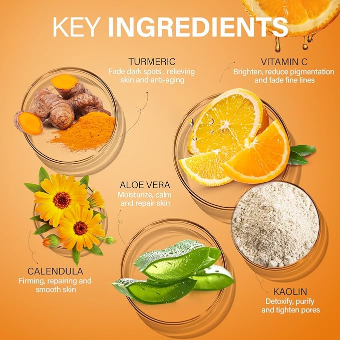 Turmeric Vitamin C Clay Mask for Dark Spots, Dull Skin, Blackheads, Skincare Facial Mask for Cleansing Pores, Moisturizing and Improve Uneven Skin Tone, Face Skincare Gift, 5.29 oz