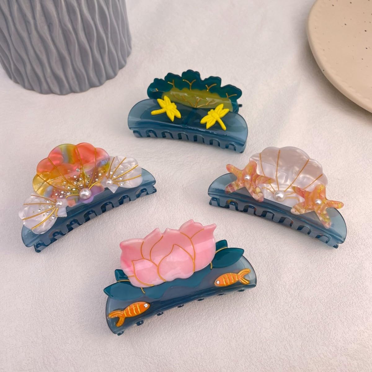 Fish and Lotus Hair Clip,Acetate Hair Claw,Small Hair Clips for Women