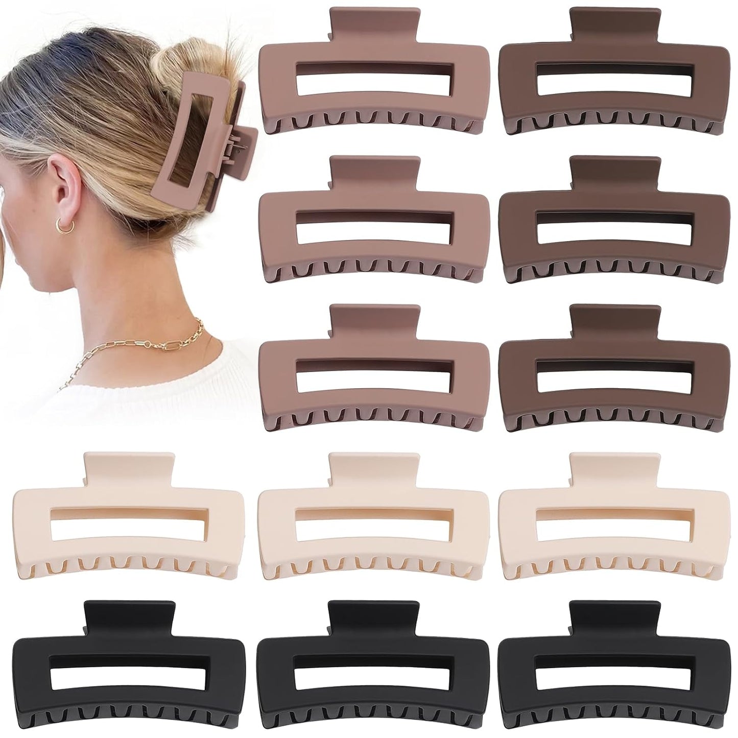 12 Pcs Large Hair Claw Clips for Thick Hair, 4.1 x 2.1 x 1.2 Inch, Square Hair Clips Jumbo Jaw Clips, Bulk Hair Accessories for Women and Girls - Brown