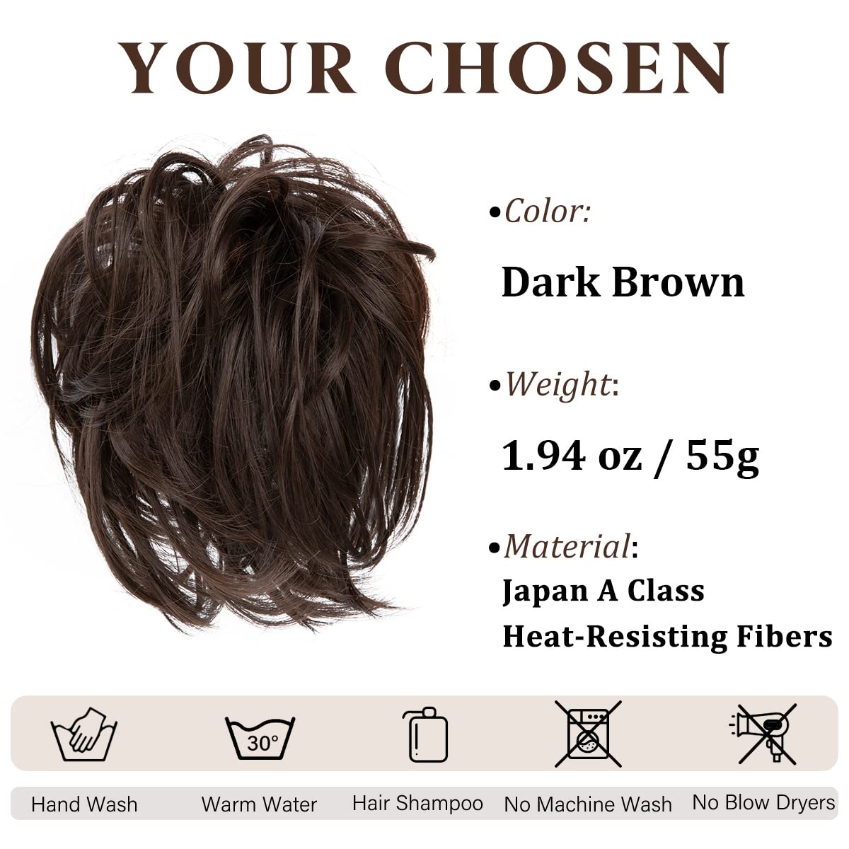 CJL HAIR Large Messy Bun Hair Piece Wavy Curly Scrunchies Synthetic Chignon Ponytail Hair Extensions Thick Updo Hairpieces for Women Dark Brown