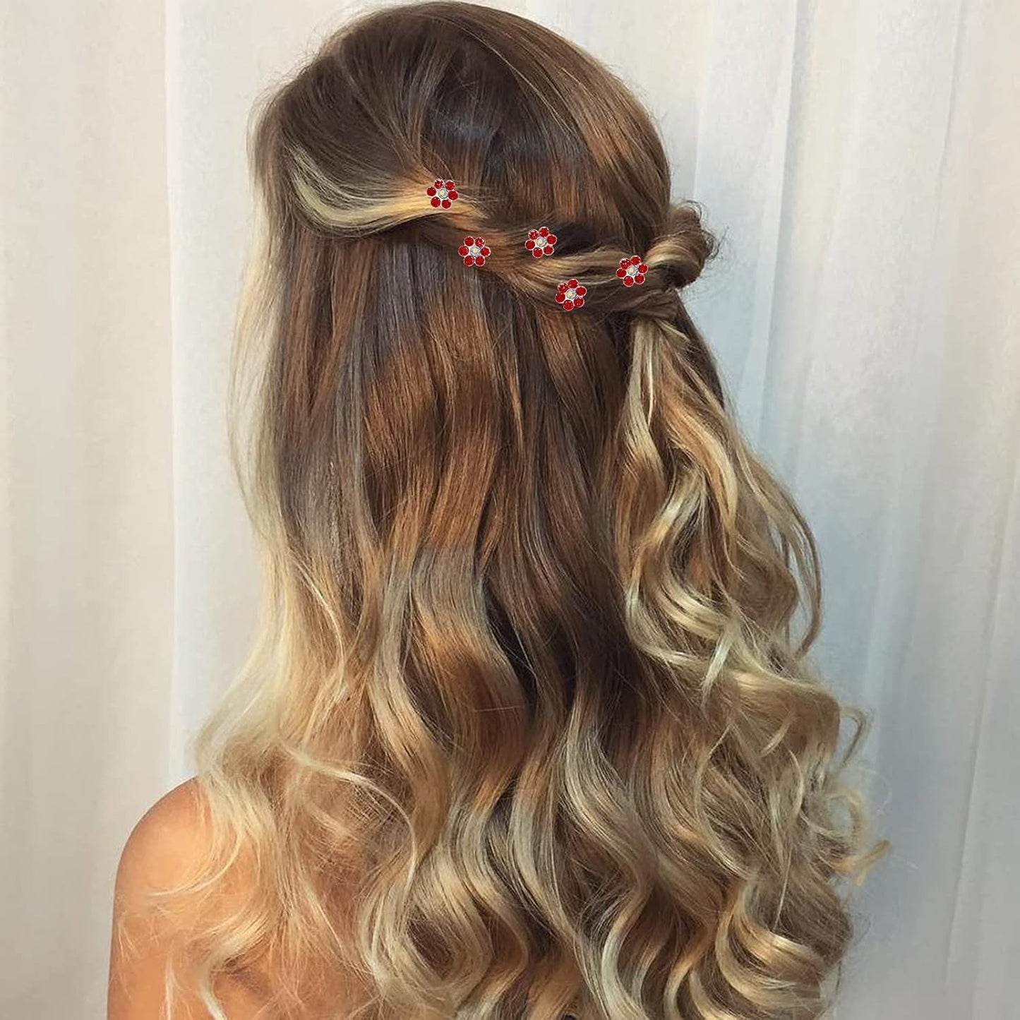 20 Pack (Red) Crystal Flower Hair Pins Rhinestone Hair Clips for Bridal Wedding Women Hair Jewelry Accessories, with Clear Container