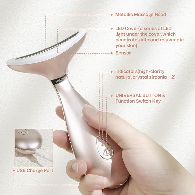 Lily Neck Face Massager, Skin Rejuvenation Beauty Massager, 3-in-1 at-Home Facial Spa Tool, Lifting, Toning and Tightening for a Radiant Appearance (Rose Gold)