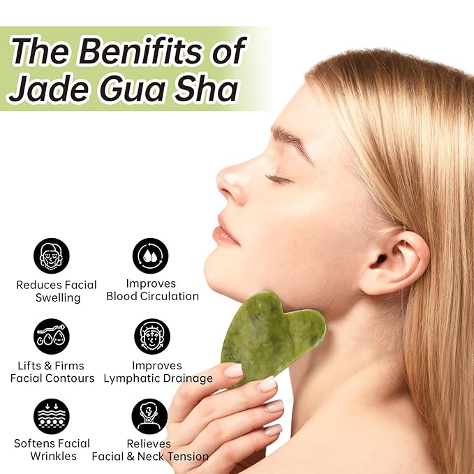 Jade Gua Sha and Face Roller, Real Jade Gua-Sha Stone Facial Tools Set for Reduce Puffiness, Body Guasha Tool for Relieve Neck Tension, Skincare Beauty Massager as Present for Women, Green