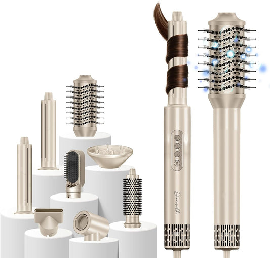 DORISILK 8 in 1 Hair Styler & Hair Dryer Brush Blow Dryer, 110,000 RPM High-Speed Hot Brush Styler and Auto Wrap Curlers, Ionic for Smoothing Straightening Curling Volumizing Drying, Champagne Gold
