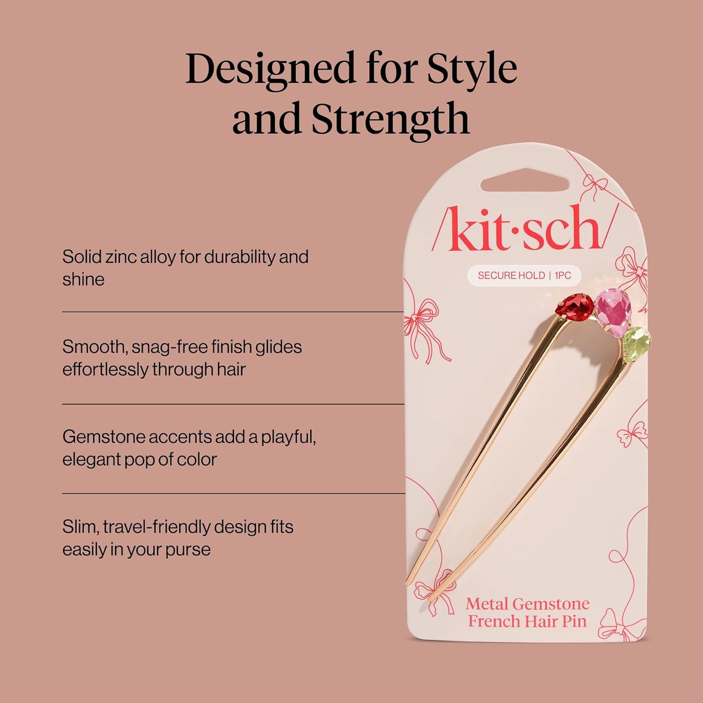 Kitsch French Hair Pin for Women – Gold Hair Accessories with Gemstone Accents, Lightweight Metal Hair Stick for Effortless Updos, Twists & Buns | Ideal Gifts for Women