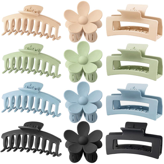 Large Hair Claw Clips 12 Pack, Flower Hair Clips for Thin Hair, Big Square Matte Strong hold for Thick Hair, 3 Styles Hair Clips for Women Thick Hair 4 Colors