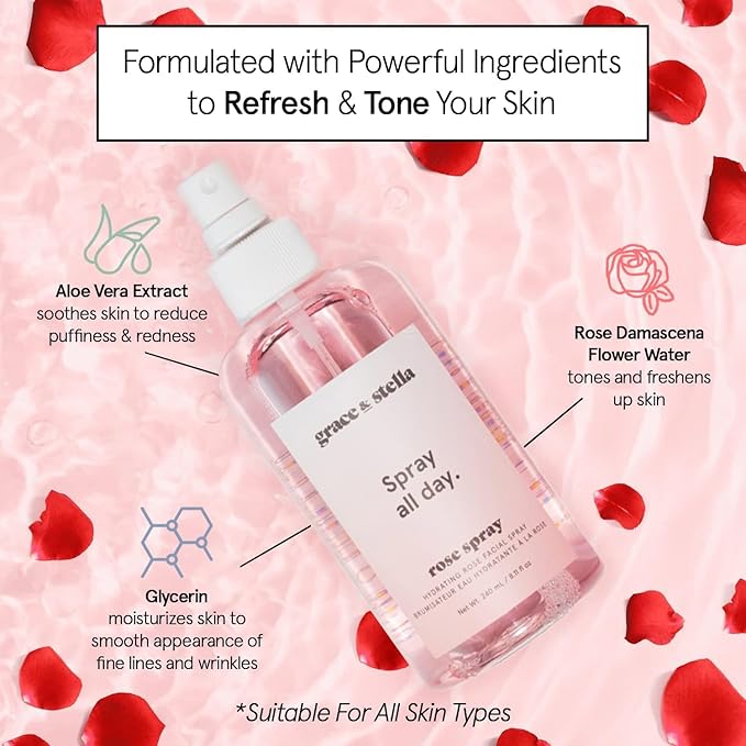 grace & stella Award Winning Rose Water Facial Spray (240ml) - Vegan - Rose Water Spray for Face - Rosewater Spray Toner Rose Hydrosol - Rose Spray Facial Mist - Rosewater Spray Toner Rose Hydrosol